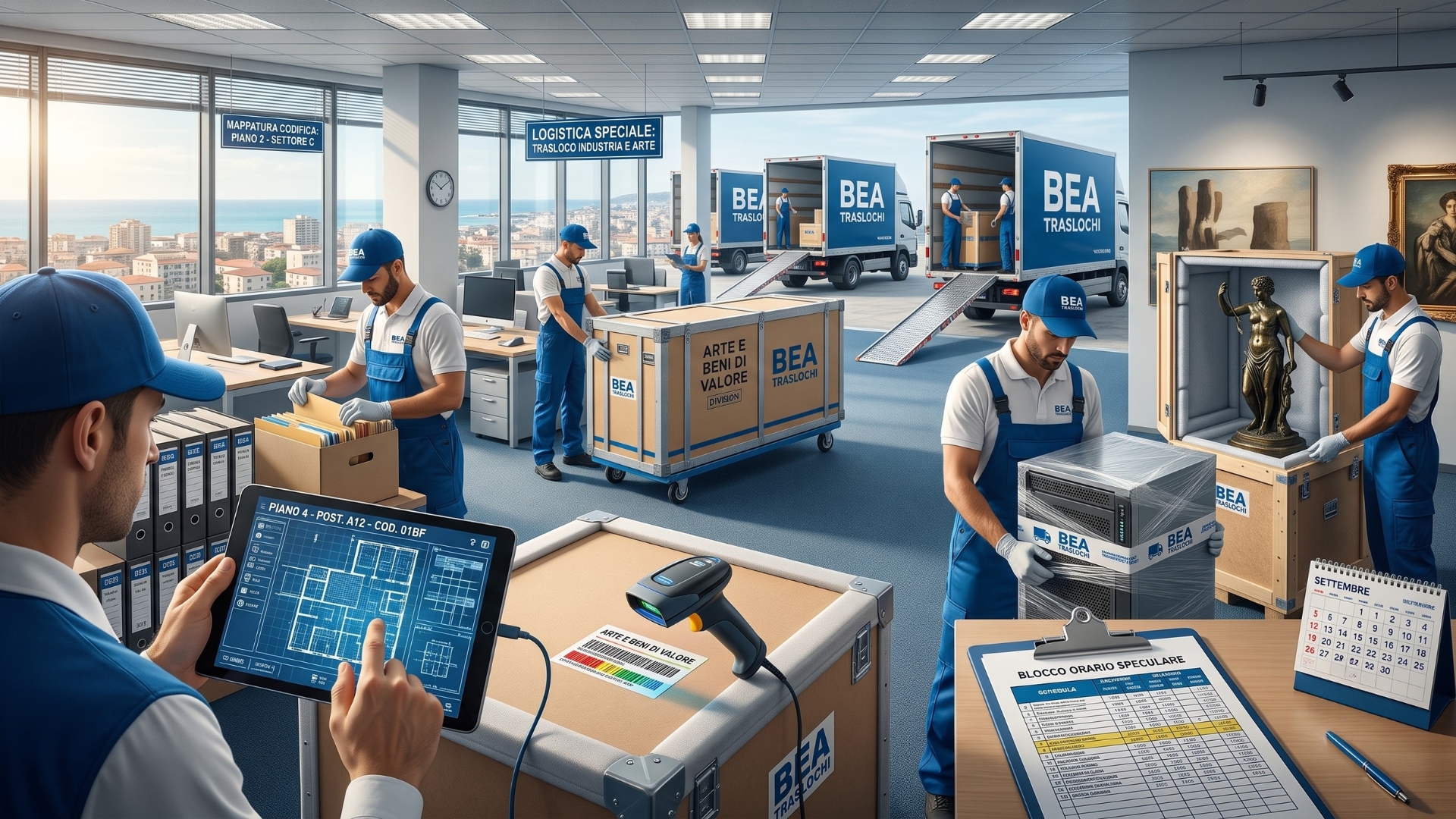 Un'illustrazione dettagliata di un'operazione di trasloco aziendale all'interno di un moderno ufficio con ampie vetrate panoramiche vista mare. Numerosi operatori in divisa blu e bianca con il logo "BEA Traslochi" sono al lavoro su diverse mansioni:  In primo piano a sinistra, un dipendente consulta una planimetria digitale su un tablet per gestire la mappatura degli spazi, con un lettore ottico poggiato su una cassa di legno vicina.  Al centro e sulla destra, gli operatori imballano con cura materiali diversi: faldoni da ufficio, rack di server informatici avvolti nel cellophane e opere d'arte di valore, tra cui una statua di bronzo riposta in una cassa speciale anti-urto.  Sullo sfondo, attraverso grandi porte a vetri, si vedono altri lavoratori che caricano scatoloni su due camion aziendali "BEA Traslochi" utilizzando delle rampe.  L'ambiente è arricchito da dettagli come cartelli sospesi che indicano "Logistica Speciale: Trasloco Industria e Arte", e una scrivania in primo piano a destra con appunti operativi e un calendario aperto sul mese di "Settembre".