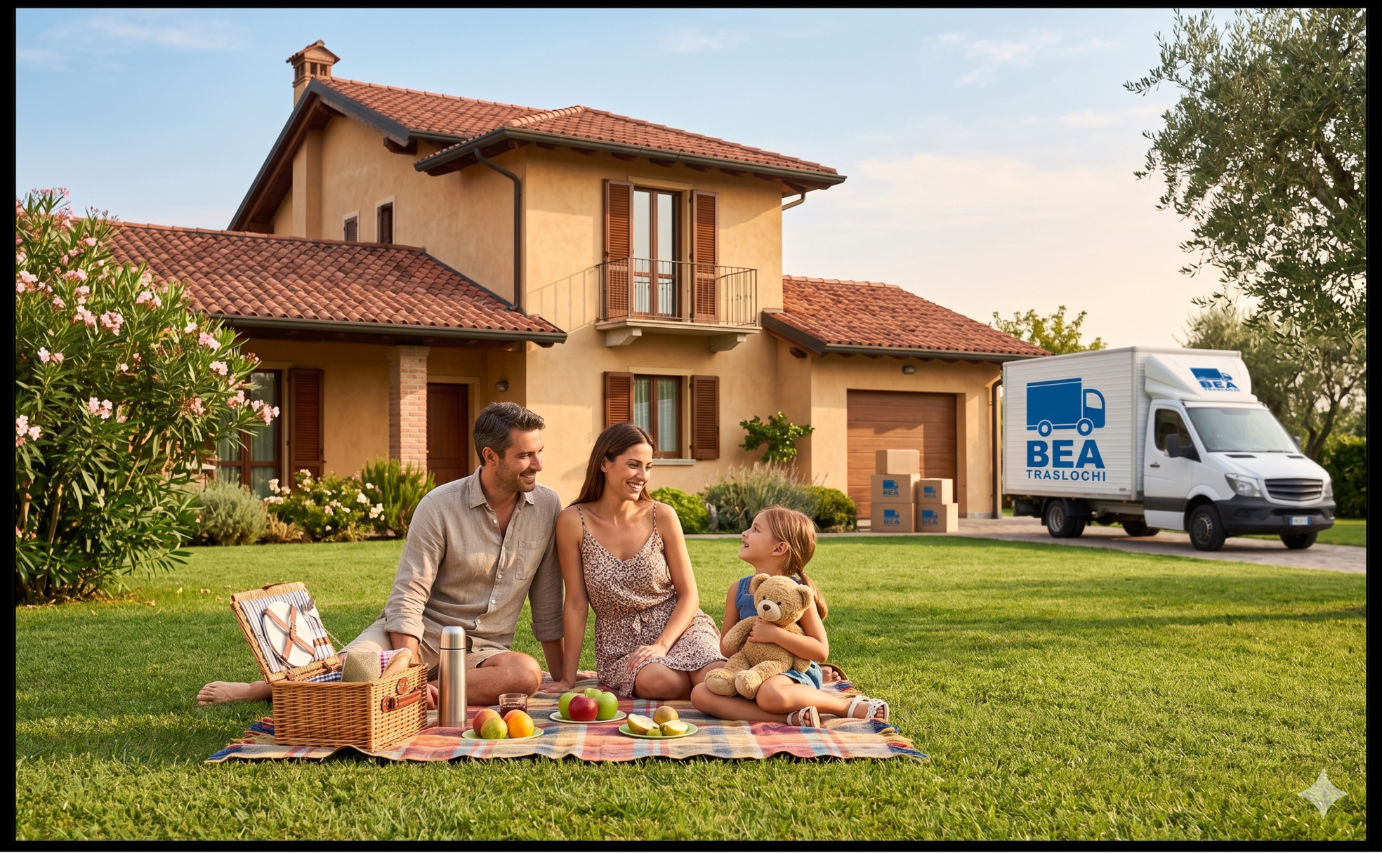 Un'ampia inquadratura orizzontale mostra una felice famiglia italiana di tre persone che si gode un picnic rilassante sul prato verde ben curato della loro nuova casa in una splendida giornata estiva soleggiata. I genitori, seduti sulla coperta, sorridono guardando la bambina seduta tra loro, che stringe un orsacchiotto. Dietro di loro si erge la loro autentica casa italiana con facciata in stucco caldo, tetto in tegole di terracotta e persiane chiuse su una finestra e su un piccolo balcone al secondo piano. In lontananza, sul vialetto, c'è un furgone per i traslochi bianco e pulito della ditta "BEA Traslochi", con il logo dell'azienda ben visibile sul lato. Alcuni cartoni da trasloco già vuoti e puliti sono ordinatamente disposti sul vialetto. La scena è illuminata dalla calda luce naturale dell'ora d'oro, evocando pace, controllo e un nuovo inizio di successo. L'atmosfera è calma e rassicurante, ideale per una copertina di blog.