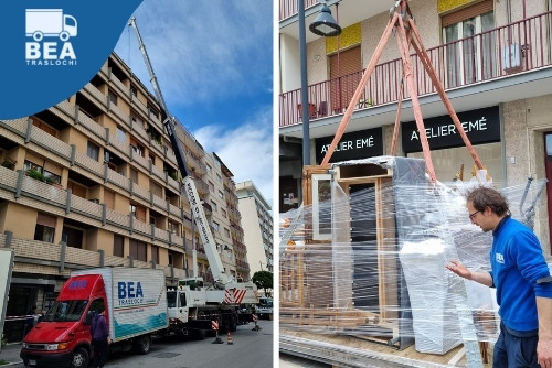 Esempio di un trasloco effettuato con gru per movimentare carichi in piani alti